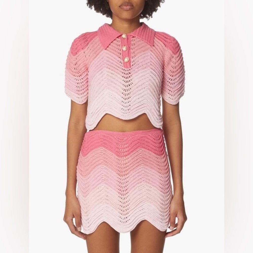 Casablanca SET Skirt Polo Crochet Pink Gradient Wave Knit Mini Cotton Cute Rare - Picture 7 of 12